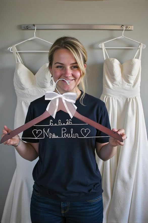 Bride Wedding Hanger for Dress - Custom Name or Add The Date White or Dark Wood Hanger with Notches - Silver or Gold Wire Writing - Choice of 10 Bow Colors - Wedding Bridal Shower Judge Doctor Gift
