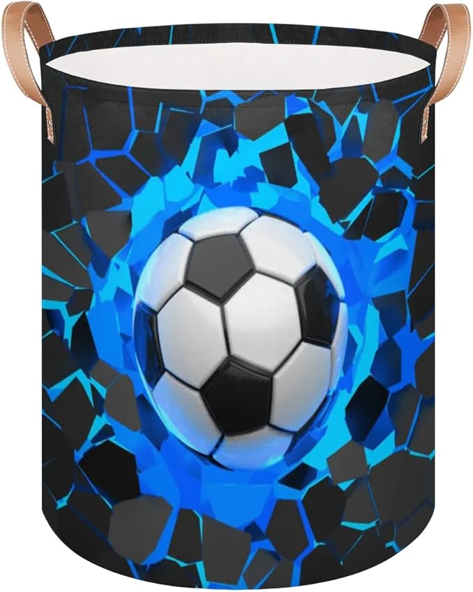 Sport Football Large Laundry Basket - Blue Soccer Kids Laundry Hamper with Handles - Collapsible Dirty Clothes Organizer Boys Toy Storage Bin Nursery Hamper for Bedroom Bathroom Decor