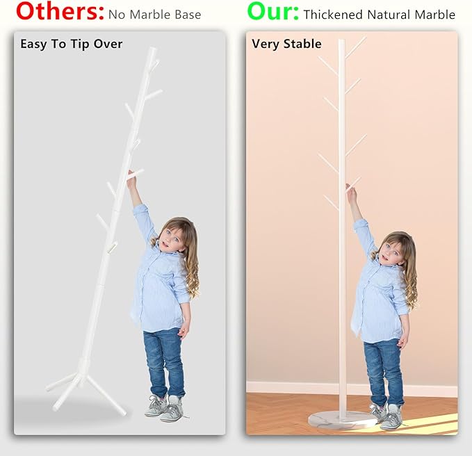 Heavy Duty Coat Rack with Natural Marble Base, Freestanding Metal Coat Stand with 8 Hooks, Modern Stable Coat Hanger Tree for Bags, Jacket, Clothes, and Hats, White Metal
