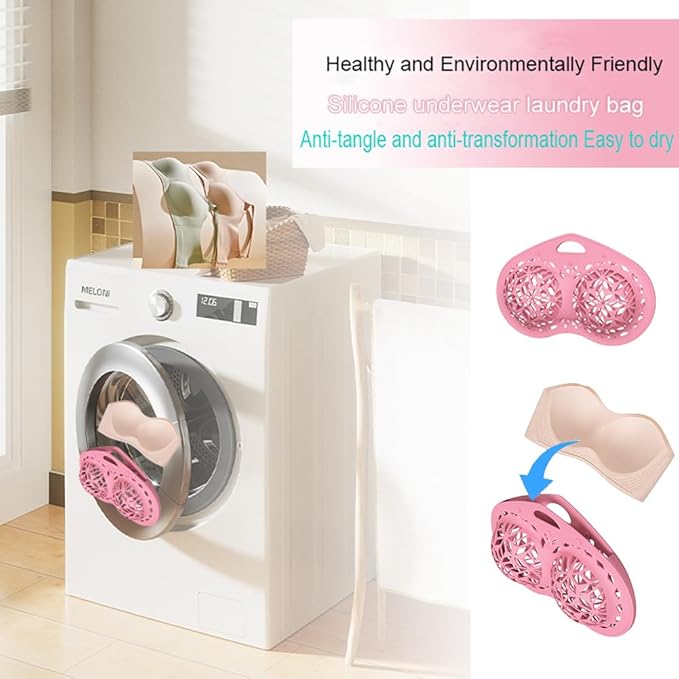 Bra Washing Bag Silicone Mesh Underwear Laundry Bags,Pink Reusable Silicone Bra Wash Bag Fits A-C Cup Bras,Anti Deformation Lingerie Bag for Washer/Dryer Machines