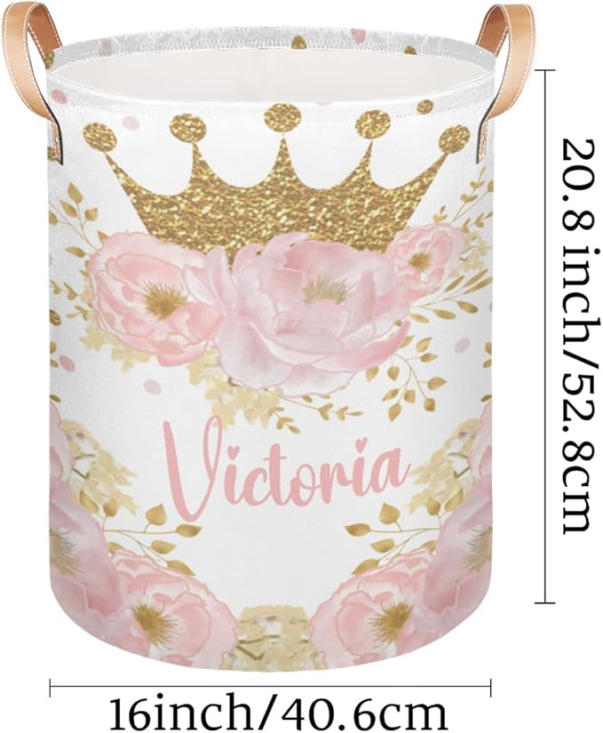 Personalized Laundry Basket, Custom Gift Laundry Hamper, Collapsible Nursery Waterproof Laundry Baskets, Dirty Clothes Toy Hamper with Handles Pink Floral Gold Crown