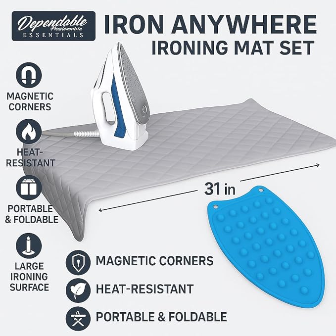 Iron Anywhere Quilted Magnetic Ironing Mat with Silicone Heat-Resistant Iron Rest – Travel & Home, 18” x 31”