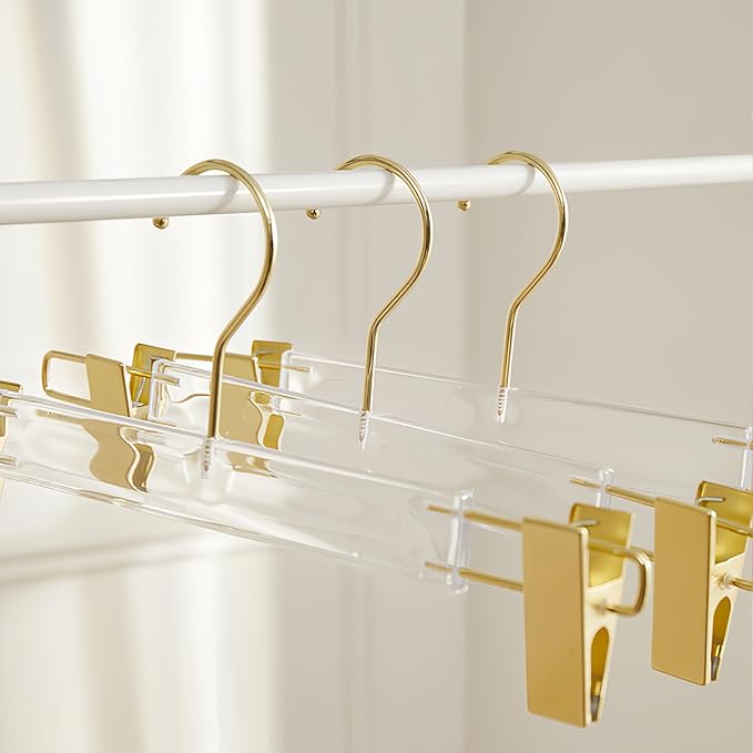 Acrylic Pants Hanger with Gold Hook Transparent Hanger Golden Clip Suitable for Skirts, Pants