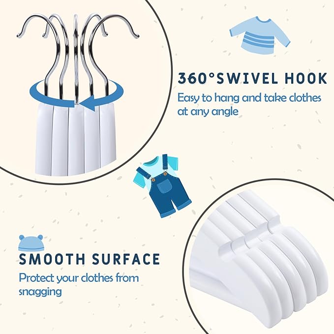 Kids Wooden Hangers 20 Pack, White Wooden Baby Hangers with Smooth Finish, Solid Wood Children Hanger for Clothes with Precisely-Cut Notches, Swivel Hook Baby Clothes Hanger for Closet