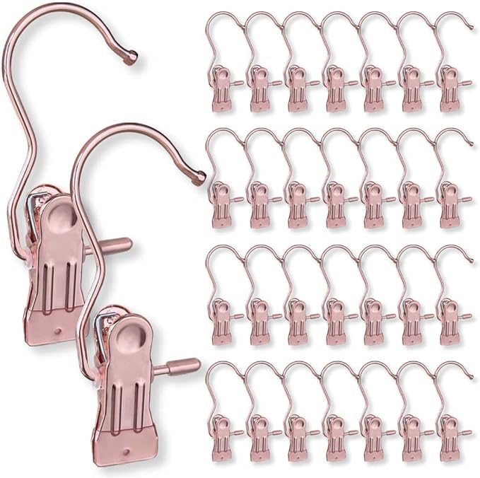 Hangers Clips,Stainless Hooks for Closet Hooks,Heavy Duty Clothespins Laundry Hanging Hooks,Travel Portable Clothes,Boot Tall Towel Hats Socks Pants and Bras (30, Rose Gold)
