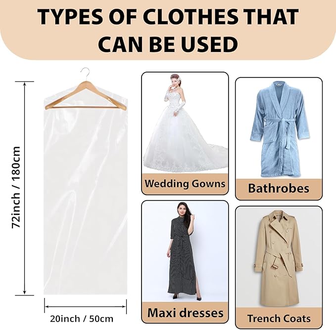 PARTY BARGAINS 72 x 20 Inch Disposable Clear Garment Bags, 50 Pack – Heavy-Duty Plastic Clothes Covers for Suits Dresses Coats, Closet & Travel