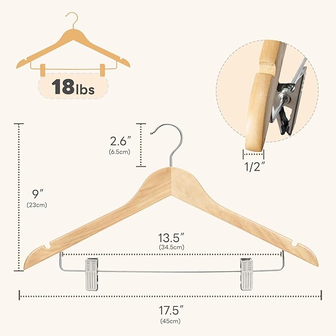 HOUSE DAY Wooden Hangers with Clips 48 Pack,Wooden Suit Hangers Skirt Hangers Solid Wood Pants Hangers Natural Smooth Finish Wood Hangers with Durable Metal Clips for Blouse, Dress, Coat, Jacket