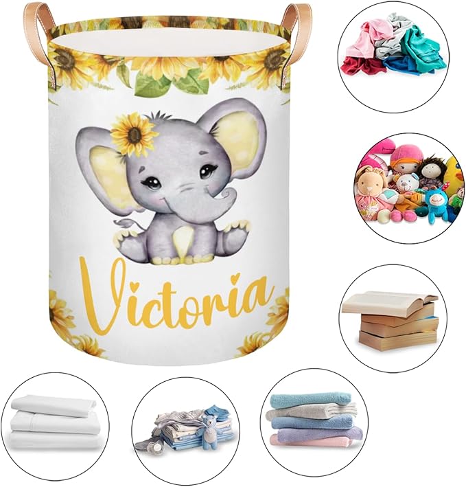Personalized Laundry Basket, Custom Gift Laundry Hamper, Collapsible Nursery Waterproof Laundry Baskets, Dirty Clothes Toy Hamper with Handles Girl Elephant Sunflower