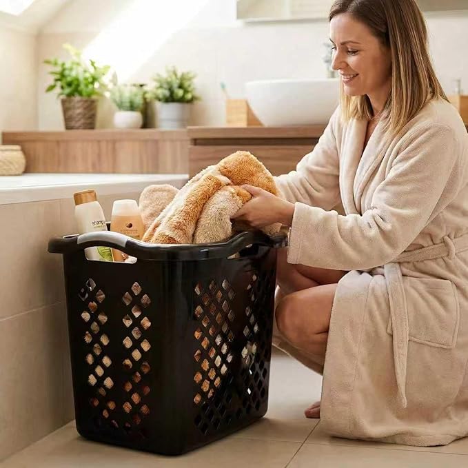 2-Pack Ultra Easy Carry Plastic Laundry Hamper, 2 Bushel Lamper Plastic Laundry Basket with Silver Handles,Dirty Clothes Laundry Hamper Bin for Home, Apartment（Black)