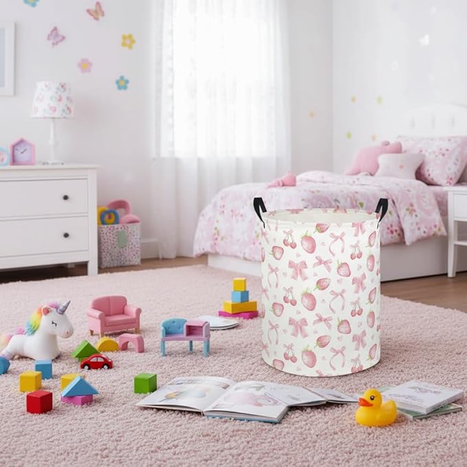 Baby Laundry Hamper kids laundry Basket Waterproof Laundry Bag for Bedroom Toy Clothes Organizer Room Décor(Bowknot strawberry)
