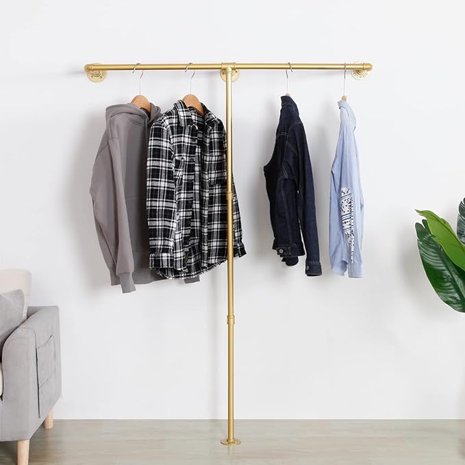 Industrial Pipe Clothes Rack, Heavy Duty Wall Mounted Black Iron Garment Bar,Retail Display Rack Closet Storage Clothes Organizer (47.2, Gold)