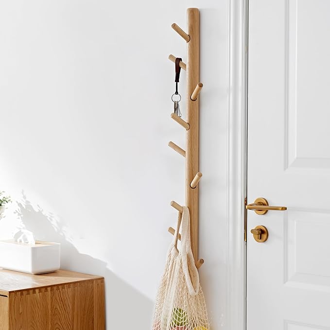 Vertical Coat Rack Wall Mounted - Height 36 Inches, Oak Wood Vertical Hat Rack for Wall with 9 Hooks, Modern Coat Rack Tree for Hanging Hats, Jackets, Bags in Entryway Bedroom Office