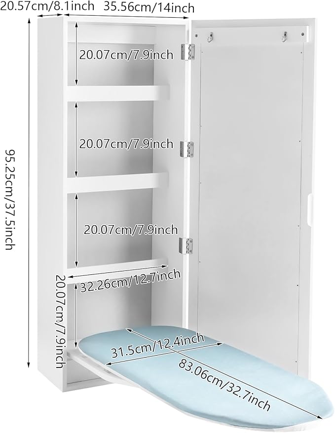Wall Mounted Ironing Board Cabinet with Mirror, Built-in Swivel Ironing Board Foldable with Storage for Home Apartment Small Spaces (Style3 Rotatable)