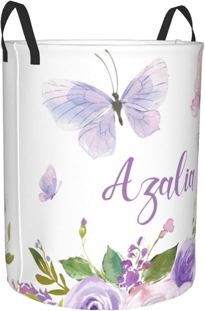 Personalized Laundry Basket for Nursery, Custom Nursery Laundry Hamper with Name, Customize Baby Clothes Circular Hamper for Boys Girls Room Decor, Floral Butterfly Purple