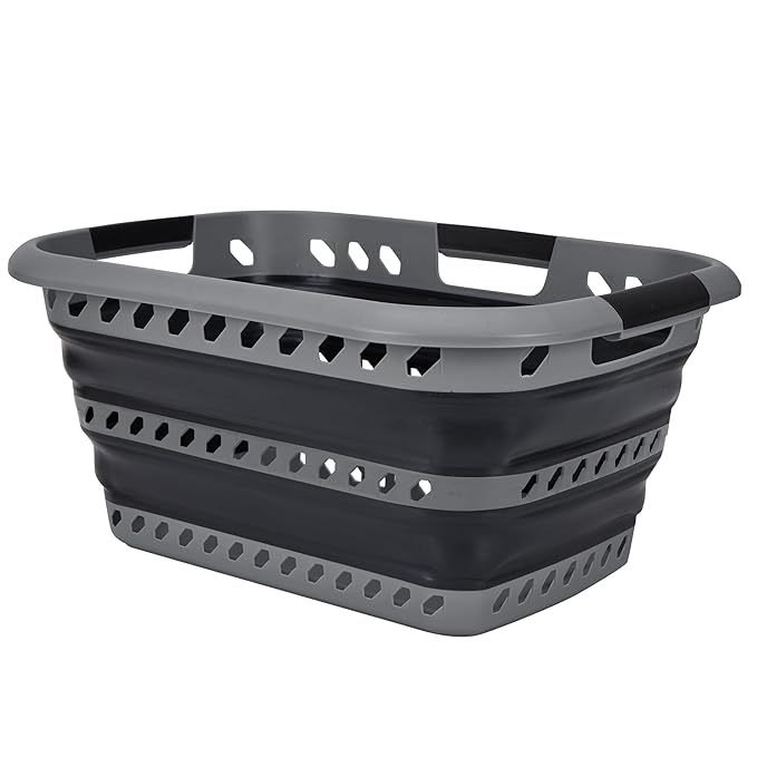 Collapsible Laundry Basket | Portable | Space Saver Storage | Hold 2 Loads | Store Under the Bed or Closet | Good for Kids | Dorm | Bedroom | Large | Grey/Black
