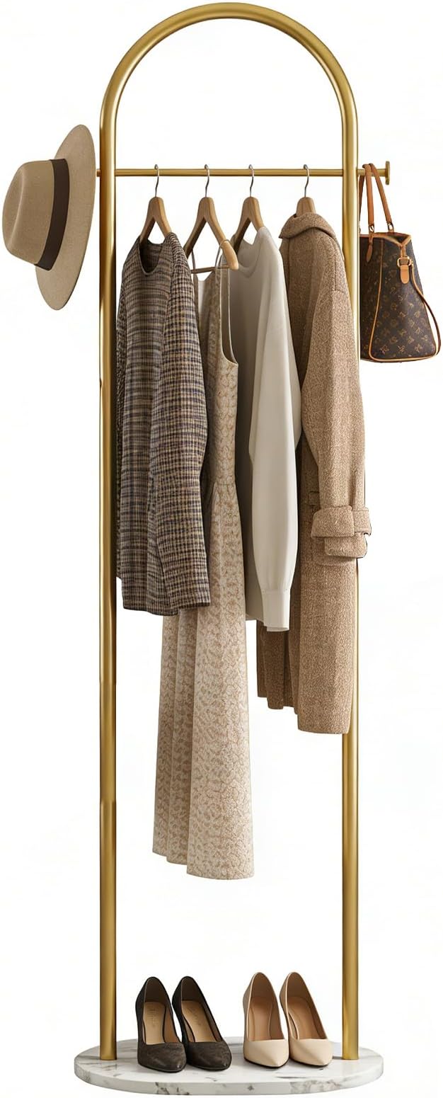 Gold Clothing Rack With Shelves, Modern Coat Rack Freestanding with Marble Base,Heavy Duty Clothes Racks for Boutiques,Metal Garment Rack suitable for Entryway Hallway, Office or Bedroom