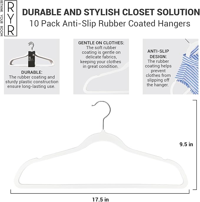 10 Pack Anti-Slip Rubber Coated Hangers, Space Saving, Durable, Gentle, Clothes, White Hangers for Closet, Non-Slip, Heavy Duty, Velvet, Coats, Pants, Wardrobe Essentials, Holiday