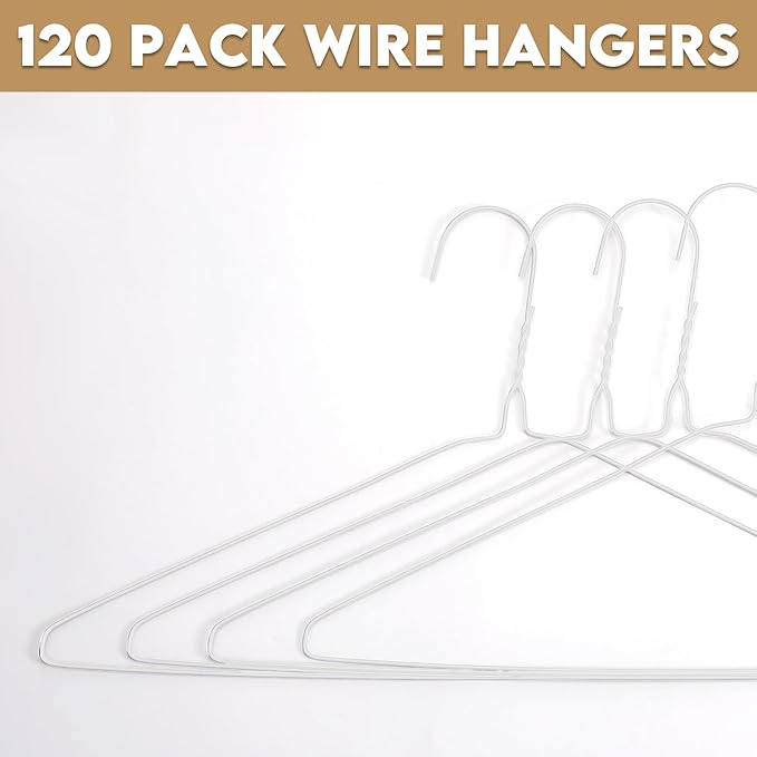 120 Pcs Wire Hangers Bulk 16" Dry Cleaner Hangers for Clothes Caped Clothing Pants (White,Classic)