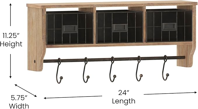Flash Furniture Daly Wall Mounted Storage Rack - Rustic Brown Solid Pine Wood - 24 Inch - Upper Shelf - 5 Hooks - Wire Baskets - For Entryway, Kitchen, Bathroom
