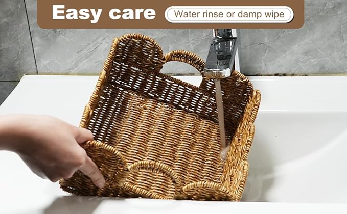 Scalloped Basket Set of 2，Resin Wicker Basket for Organizing and Decor Hand-Woven Wicker Storage Baskets with Built-In Handles for Gifts,Snack,Shelves，Tan