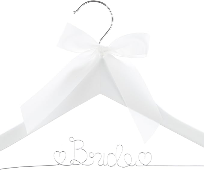 Ella Celebration Bride to Be Wedding Dress Hanger Wooden and Wire Bridal Hangers for Brides (White with Silver Wire)