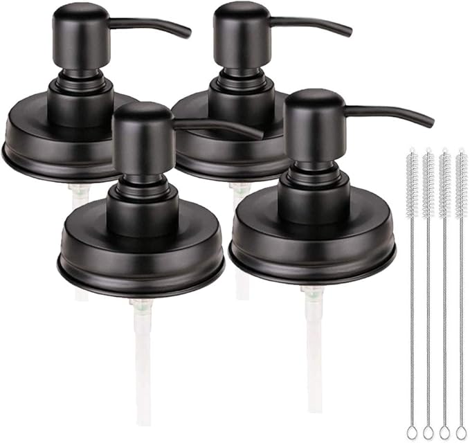 4 Pack Mason Jar Soap Dispenser Lids with Pumps, Rustproof Stainless Steel, Lotion Soap Dispenser Lids Replacement for 16 oz Regular Mouth Mason Jar Decor, 4 Brushes Included Black