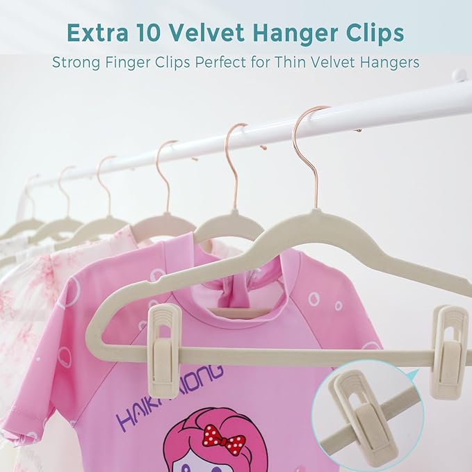 50-Pack 14 Inch Children's Closet Hangers with 10 Clips - Soft Velvet Non-Slip Hangers for Kids & Teen Clothes (Beige)