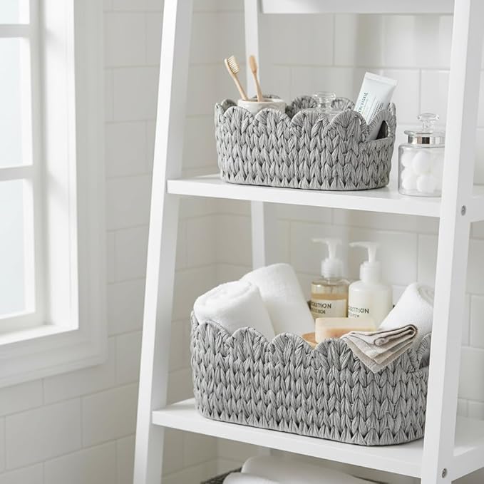 Wicker Scalloped Basket Set of 2,Woven Storage Baskets for Shelves,Closet,Laundry,Gift,Towels,Books,Toys,Waterproof Cute Decor Basket for Organizing,Grey