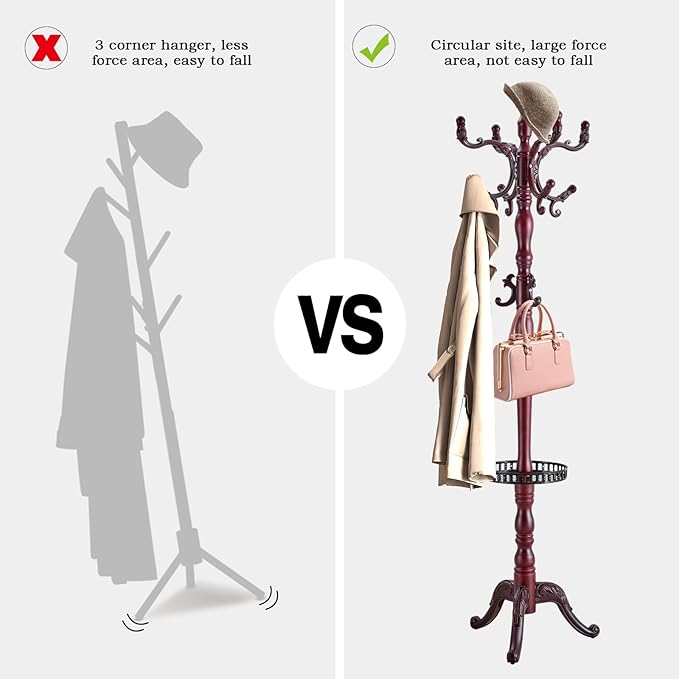 Coat Rack Freestanding, Wooden Tree Coat Rack Stand with 3 Adjustable Sizes Coat Tree and 14 Hooks, Sturdy Hall Tree with Solid Round Base for Entryway, Hallway,Bedroom (Reddish Tray)