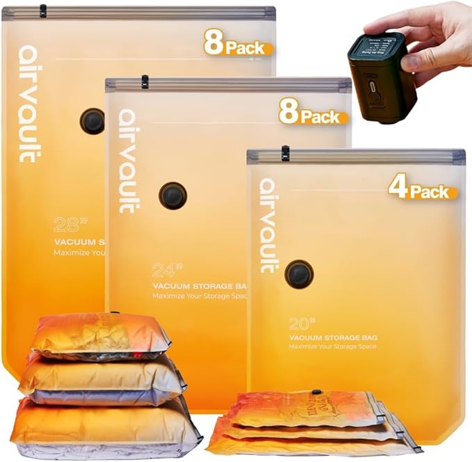 AirVault Vacuum Storage Bags for Travel & Home - Space Saver Compression Packing Bags Set for Clothes, Blankets & Seasonal Storage, Small (4), Medium (8), Large (8) (Orange,20-Pack Combo)