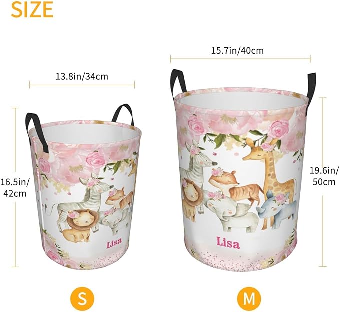 Giraffe Lion Pink Flower Personalized Laundry Basket Name Clothes Hamper with Handles Waterproof Laundry Storage Baskets for Bedroom Bathroom Decor.