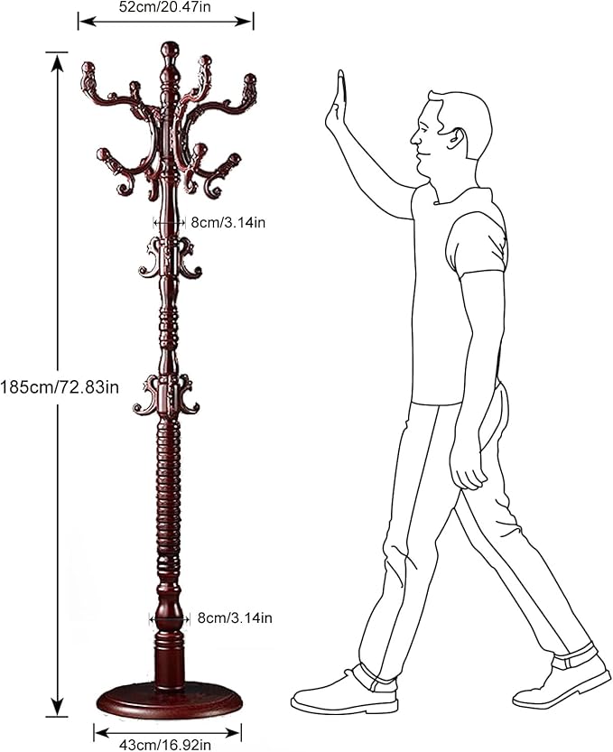 Coat Rack Freestanding, Wooden Coat Tree Stand with 14 Hooks, Easy Assembly with Stable Disc Base for Bedroom, Hallway, Entrance Office for Hats, Coats, Scarves (Mahogany color)