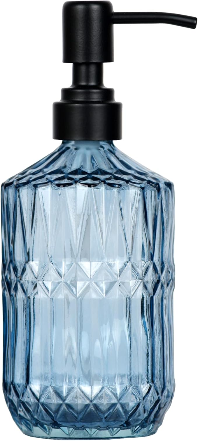 18 oz Dark Green Thick Glass Soap Dispenser with Black Rustproof Pump Refillable Bathroom, Kitchen Soap Dispenser for Hand Soap, Detergent, Lotion (Blue)
