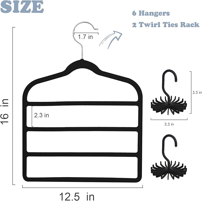 Tinfol 6pc Black Velvet Pants Hangers Space Saving, Non Silp Pant Hanger with Hook, Jeans Slack Trousers Hangers, Multiple Clothes Hanger Closet Organizer Perfect for Pants,Trouser,Jeans