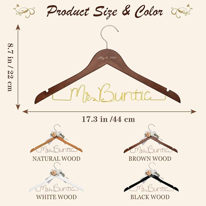 2 Pcs Personalized Wedding Hangers, Mr & Mrs Custom Hangars Name Wire for Bride and Groom, Wooden Dress Hanger, 4 Colors Wedding Hangers for Bridal Shower, Engagement, Anniversary, Bridesmaid Gift