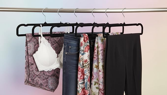 50 Velvet Pants Hangers with 20 Velvet Hooks – Non-Slip Flocked Slim Space Saving Clothes Hangers with 360° Swivel Silver Hook, Heavy Duty for Jeans, Pants, Tank Tops & Closet Organization