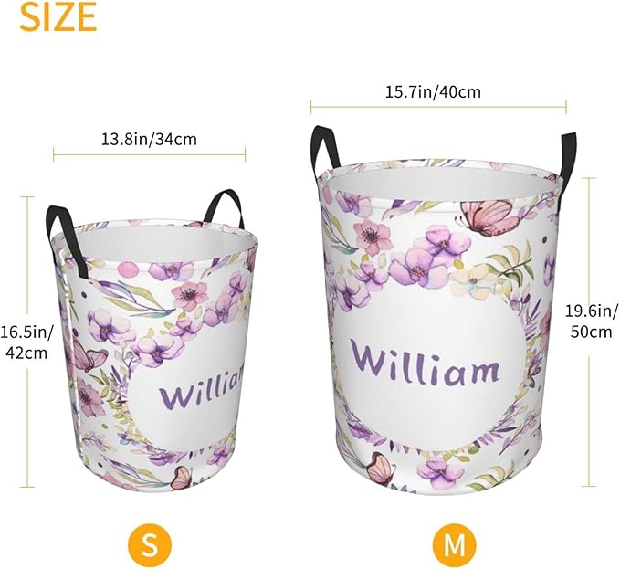 Beautiful Flowers Butterfly Customized Laundry Basket Clothes Hamper with Name Collapsible Waterproof Large Capacity Organizer Storage for Living Room.