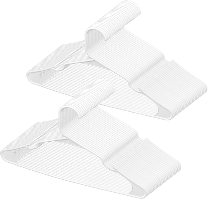 VEVOR Hangers, 0.2 in Ultra-Thin, 50 Pack White Plastic Hangers with Stable Triangular Top Structure & Wider Notch Design, Non-Slip Space Saving Hanger, Fit for T-Shirt, Shirt, Sling & Pant