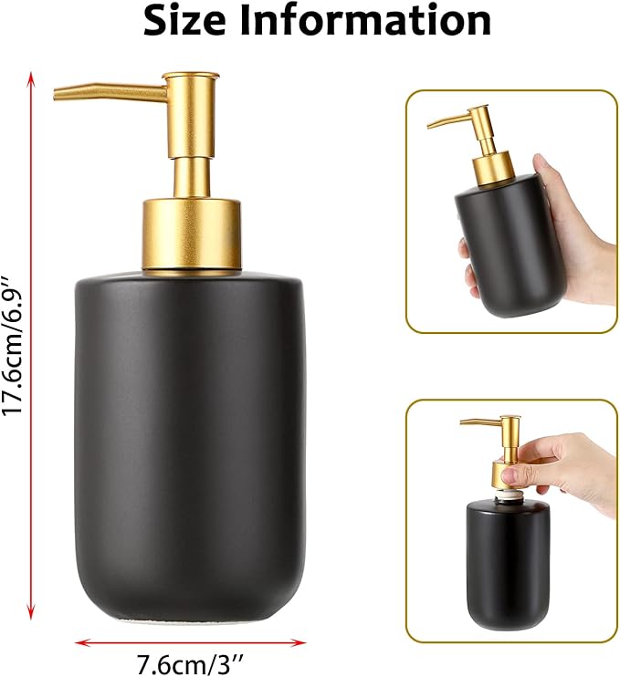 Sumnacon Soap Dispenser Bathroom Ceramic Hand Soap Dispenser with Pump, Elegant Dish Soap Dispensers for Kitchen Decorative Black Hand Dispenser for Kichen Sink Bathroom Countertop