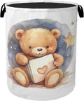 Cute Bear Good Night Foldable Canvas Laundry Basket with Handles - Toy Organizer, Heavy Duty for Home，Bedroom, Dorm, Bathroom