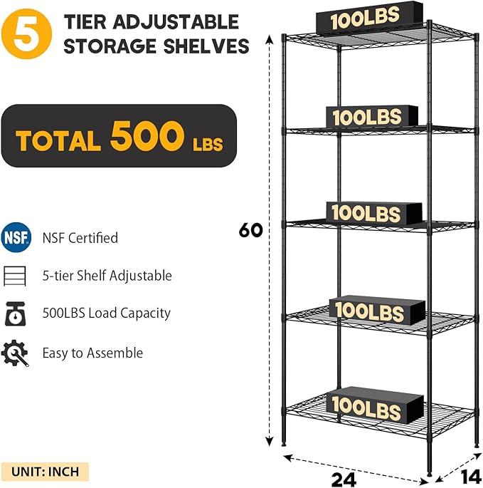 YRLLENSDAN 5 Tier Metal Shelving Unit, Heavy Duty Wire Shelves, Adjustable Storage Rack for Kitchen, Garage Shelving, Pantry Shelves, Storage Shelves Organizer, 24" W x 14" D x 61" H, Black