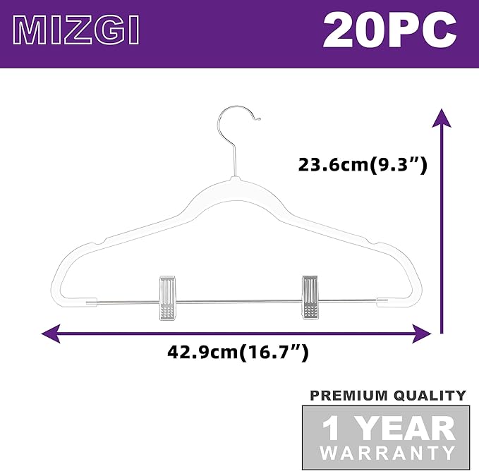 MIZGI Slim Clear Chrome Pants & Skirt Hangers (20 Pack) – Adjustable Clips & Hooks, Transparent Non-Felt, Space-Saving for Dresses, Shirts, Blouses