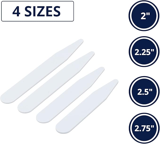 Quality Stays 250 Plastic Collar Stays for Men, 4 Sizes, White Shirt Collar Inserts