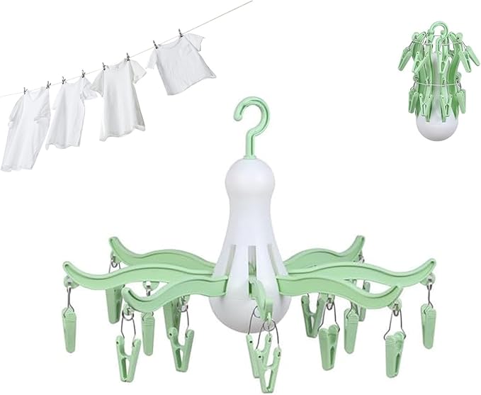 Rogess Octopus Drying Hanger, Clothes Drying Hanger with Clips, Sock Hanger for Drying, 8-Claw Octopus Hanging Dryer with 16 Clips Small Hanger, Travel, Indoor Outdoor use (Green)