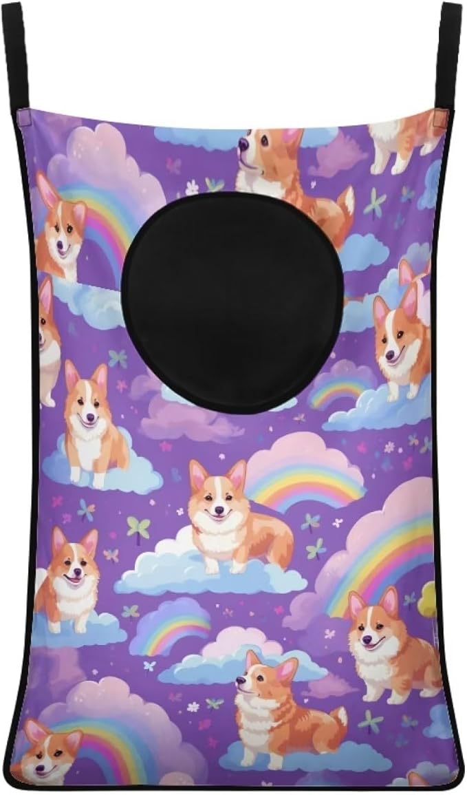 ZFRXIGN Rainbow Corgi Over Door Laundry Hamper Purple Hanging Laundry Bag for Bedroom/Bathroom Decor Space Saving Organizers Toys Storage Laundry Basket for Dirty Clothes Dog