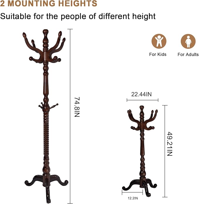 Solid Wood Coat Rack, Free Standing Hall Coat Tree with 11 Hooks, 2 Height Options, 270lbs Load, Stury Base, Clothes Rack for Entryway, Hallway, Bedroom (Tri-legged Base - Dark Brown)