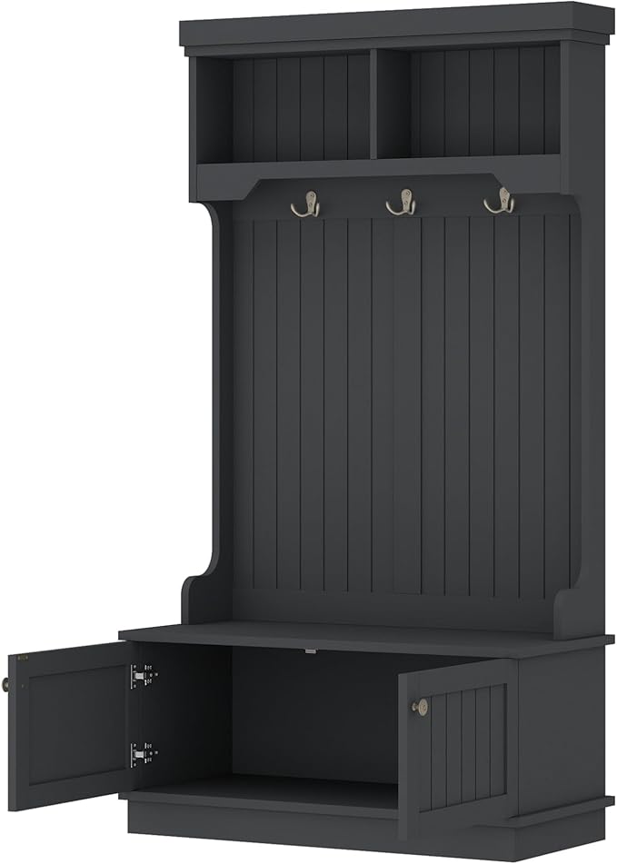 35.5 inch Hall Tree with Bench and Shoe Storage Shelf, Wood Hall Tree with 4 Hooks/Mudroom Bench with Storage and Hooks, Hall Trees for Entryway, Hallway, Living Room(Black 35.5")