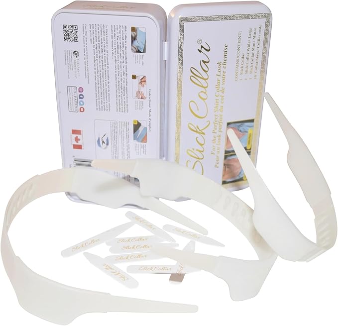 Slick Collar Shirt Collar Support System set with 3 adjustable, 10 premium Collar Stays & a Durable tin Travel EDC Box in White