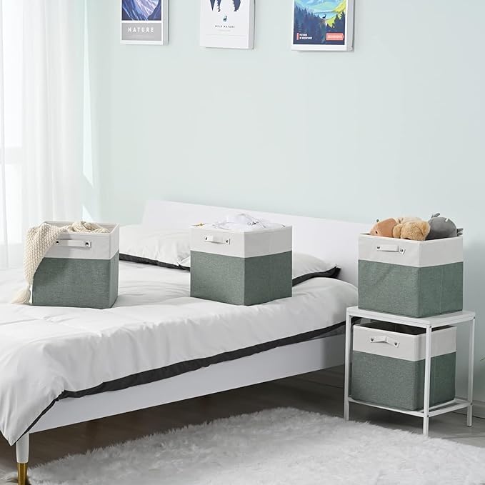 13 x 13 Inch Fine Linen Storage Bins with Handles，Fabric Cube Boxs，Basket Organizers for Shelves for Home, Closet Drawers (White/Green-6 Pack)