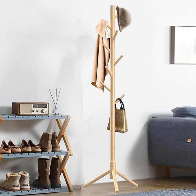 Wooden Coat Rack Stand, Freestanding Coat Rack with 8 Hooks, 3 Adjustable Size Coat Tree for Hats, Coats, Scarves bags, Coat Hanger Stand Used in Bedroom/Office/Entryway,2 PCS (Natural)